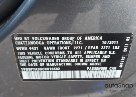 2012 Volkswagen Passat 2.5L Se from USA, damaged, VIN 1VWBP7A3XCC018592